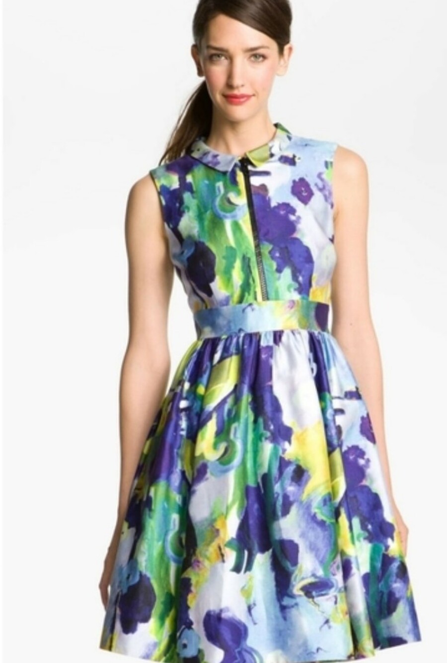 kate spade Watercolor Floral Fit-and-Flare Dress in Blue, Green, Yellow, Purple